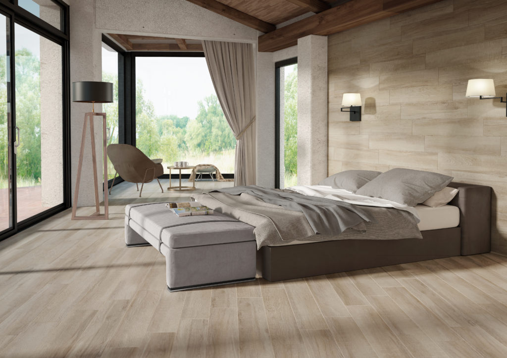 wood look tile bedroom