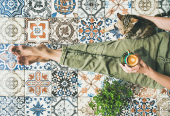 Types of Floor Tiles Featured Image of a Woman and Cat on Colorful Tiles