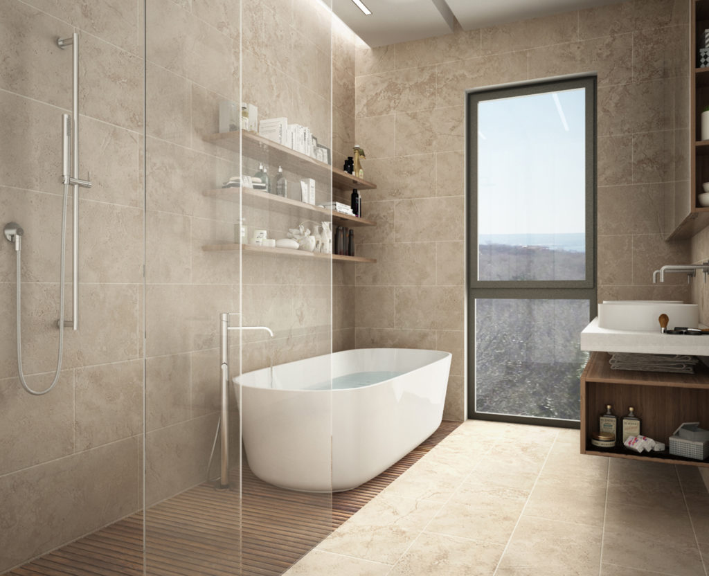 bathroom with limestone types of floor tiles