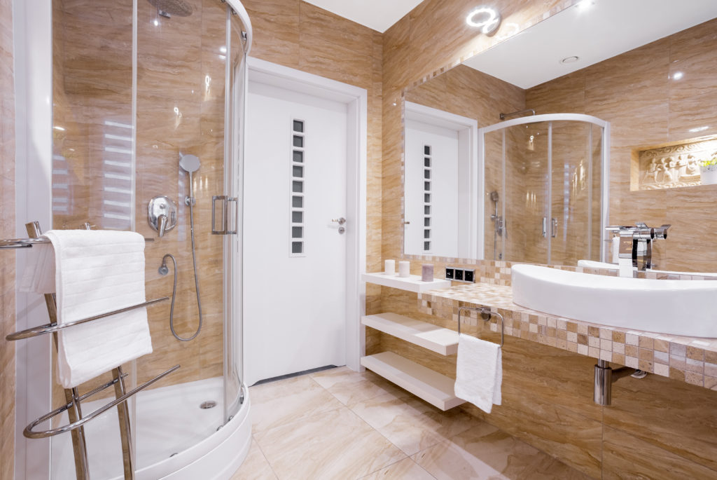 modern sandstone tile bathroom