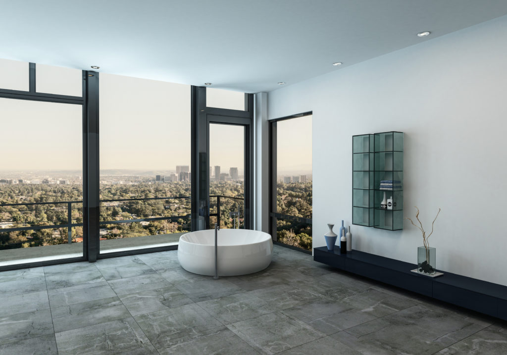 stone tiles in modern bathroom with a view