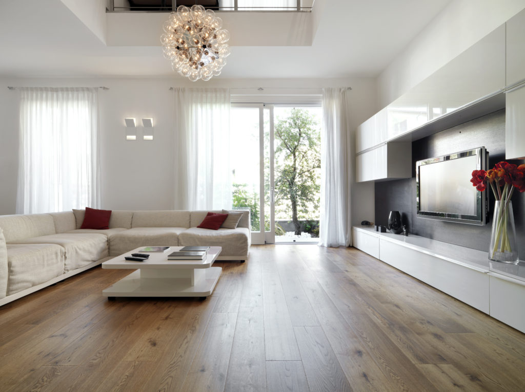 Modern Hardwood Living Room—hardwood is easy to install with engineered click-together planks