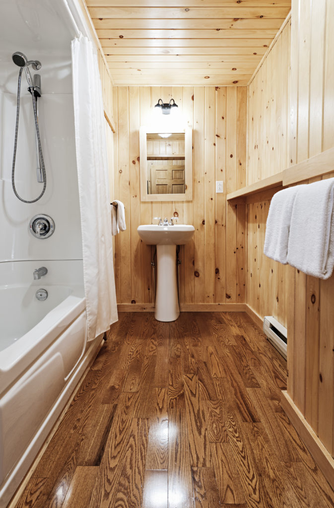 Basic wood floor bathroom with pine walls