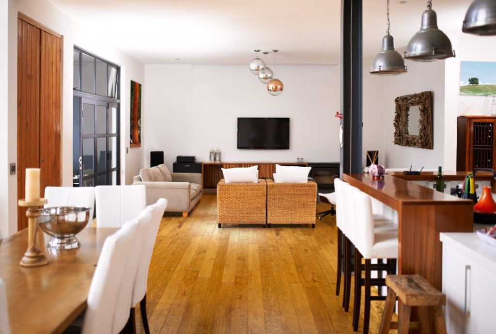 Johnson light engineered wood floors in a loft-style living space