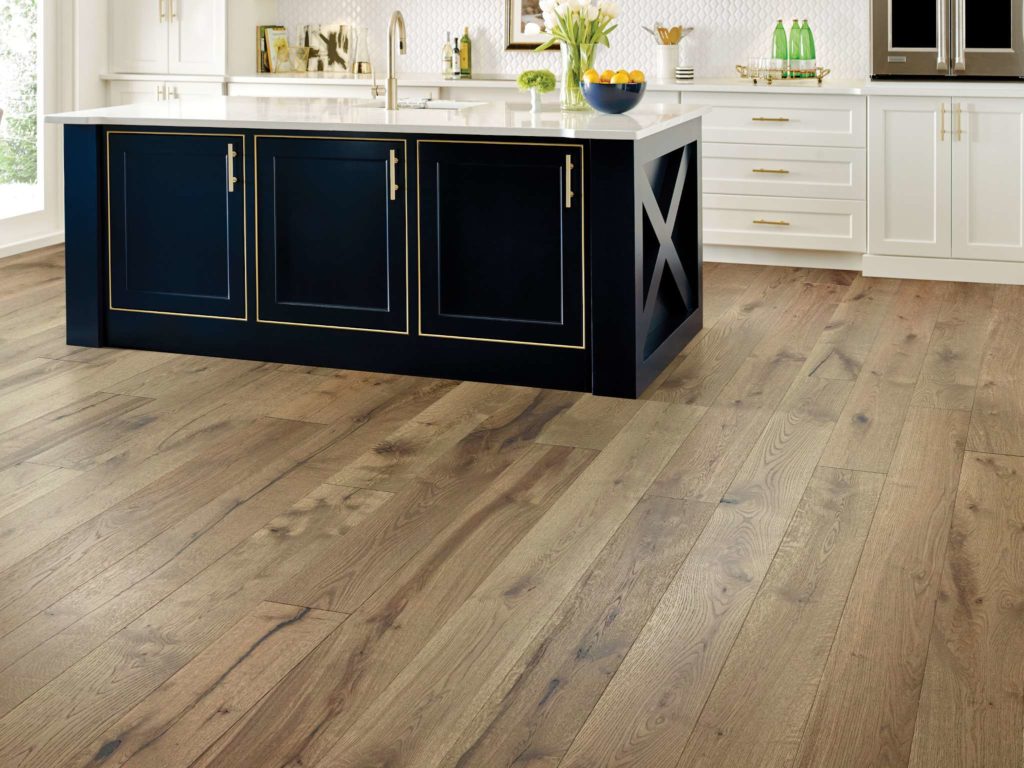 Shaw engineered wood floors in a kitchen with an island