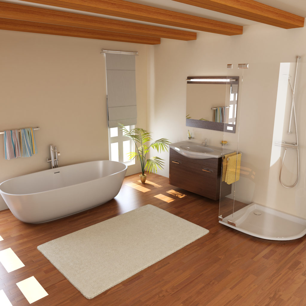 A modern bathroom with a wood floor